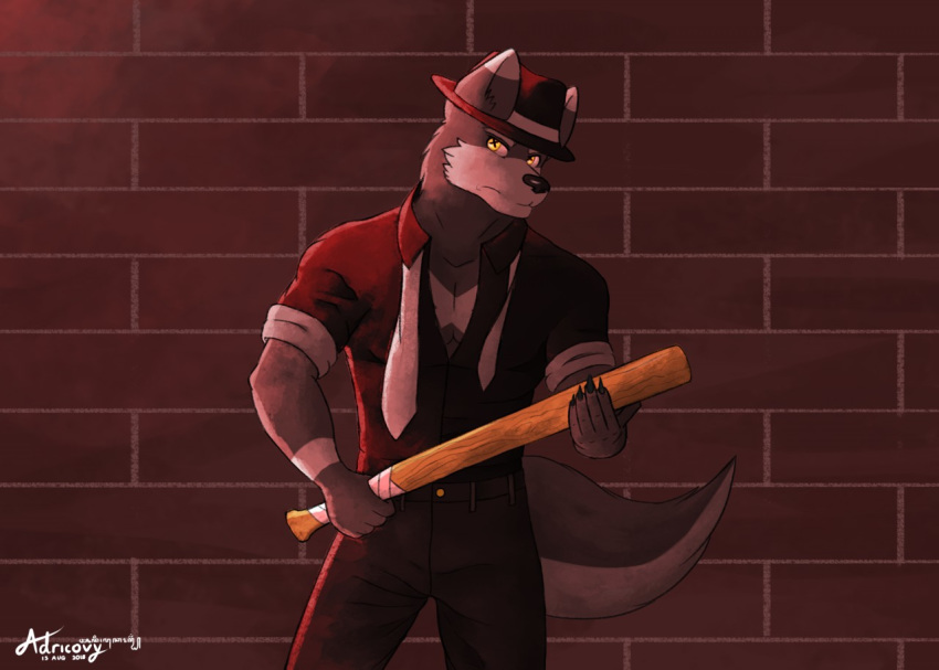 adricovy anthro baseball_bat bat_(object) canid canine canis clothed clothing domestic_dog formal_wear gangster headgear headwear husky male mammal mobster multicolored_ears nordic_sled_dog simple_background solo spitz