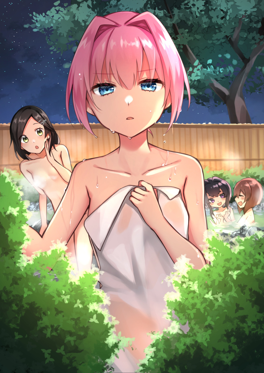 4girls bangs bathing black_hair blue_eyes blush breasts brown_hair collarbone commentary_request eyebrows_visible_through_hair hair_ornament hairclip highres kantai_collection katsuobushi_(eba_games) kuroshio_(kantai_collection) multiple_girls naked_towel night night_sky nude onsen open_mouth outdoors pink_hair shiranui_(kantai_collection) short_hair sky small_breasts star_(sky) starry_sky steam tokitsukaze_(kantai_collection) towel tree water water_drop wet yukikaze_(kantai_collection)