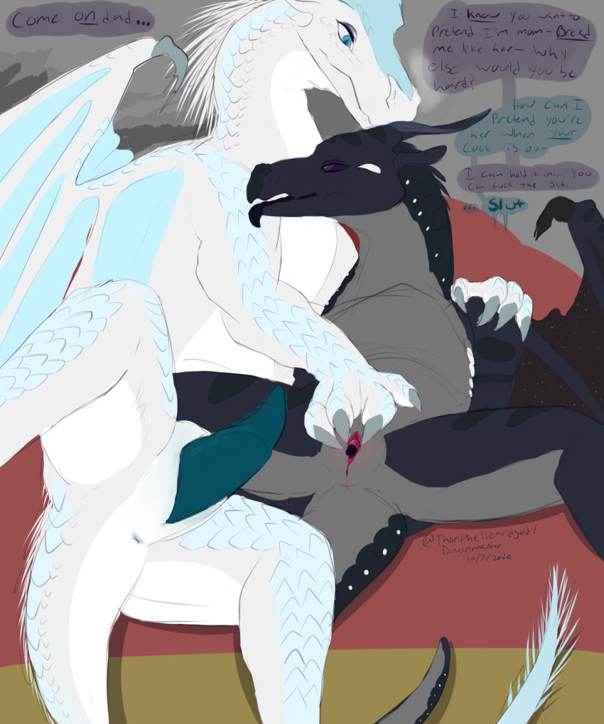 animal_genitalia anus black_body black_scales blue_body blue_eyes blue_scales breath claws darkstalker_(wof) dialogue dirty_talk dragon duo father father_and_child father_and_son feral genital_slit genitals hi_res horn icewing_(wof) incest_(lore) male male/male membrane_(anatomy) nightwing_(wof) open_mouth panting parent parent_and_child penis prince_arctic ridged_penis scales simple_background size_difference slit son spread_legs spread_slit spreading thorthelizardgod tongue tongue_out underbelly white_body white_scales wings wings_of_fire