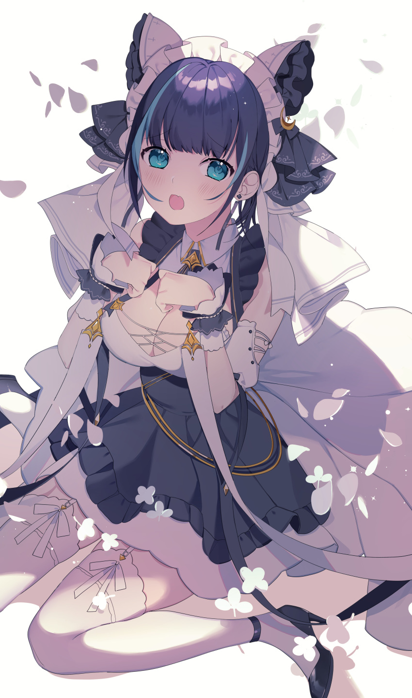 1girl absurdres animal_ears azur_lane bangs black_footwear black_hair blue_eyes blue_hair bow breasts cat_ears cheshire_(azur_lane) cleavage commentary crescent crescent_hair_ornament dress earrings eyebrows_visible_through_hair falling_petals fang frills from_above hair_bow hair_ornament high_heels highres jewelry looking_at_viewer maid maid_headdress myao_(o3o333) open_mouth revision shoes short_hair simple_background sitting skin_fang solo thighhighs white_background white_legwear wrist_cuffs