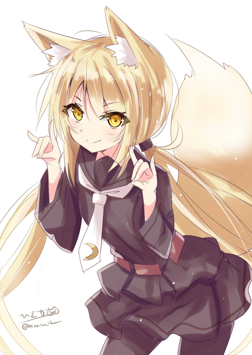 1girl animal_ear_fluff animal_ears arms_up black_legwear black_serafuku black_shirt black_skirt blonde_hair blush crescent crescent_moon_pin eyebrows_visible_through_hair fox_ears fox_girl fox_tail hair_between_eyes hair_ornament highres hizaka kantai_collection long_hair long_sleeves looking_at_viewer low_twintails miniskirt neckerchief necktie pleated_skirt remodel_(kantai_collection) satsuki_(kantai_collection) school_uniform serafuku shirt skirt smile solo tail thighhighs twintails white_neckwear yellow_eyes