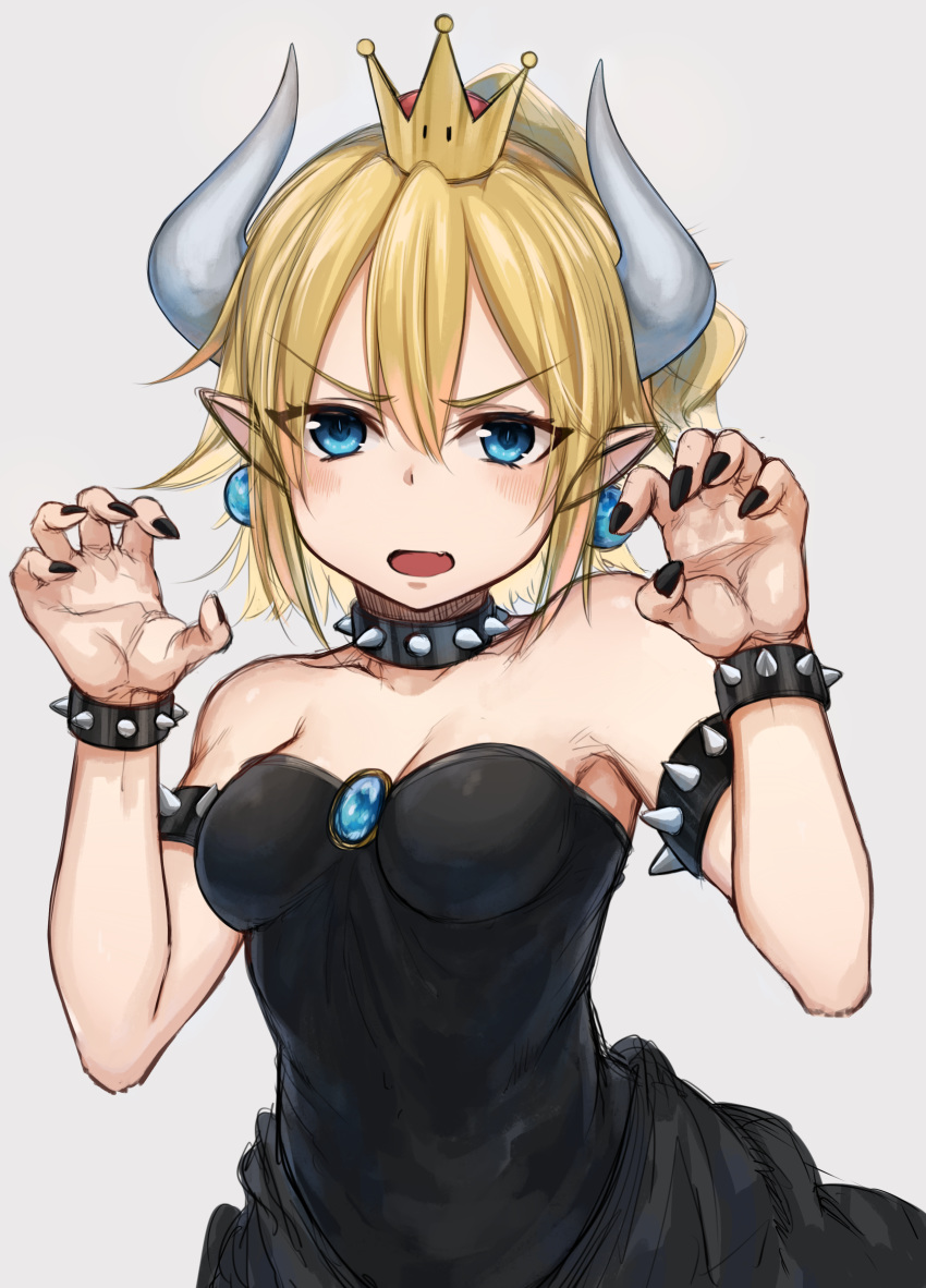 1girl absurdres akky_(akimi1127) bare_shoulders black_dress black_nails blonde_hair blue_eyes blush bowsette bracelet breasts claw_pose claws cleavage collar commentary_request crown dress earrings eyebrows_visible_through_hair grey_background highres horns jewelry looking_at_viewer mario_(series) medium_breasts nail_polish new_super_mario_bros._u_deluxe open_mouth paw_pose pointy_ears ponytail revision short_hair simple_background sketch solo spiked_bracelet spiked_collar spikes super_crown