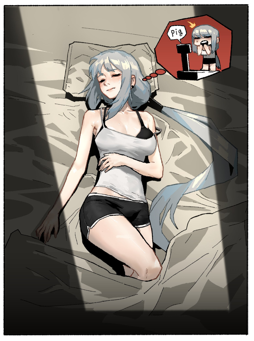 1girl bare_arms bare_shoulders bed black_bra black_shorts blanket blue_hair blush border bra breasts camisole chibi cleavage closed_eyes closed_mouth dolphin_shorts dreaming earrings gogalking highres jewelry large_breasts long_hair lying nightmare on_back on_bed ophelia_(gogalking) original ponytail round_teeth shorts sleeping sleeping_upright solo spaghetti_strap strap_slip sweat teeth underwear upper_teeth very_long_hair weighing_scale weight_conscious white_border white_camisole worried