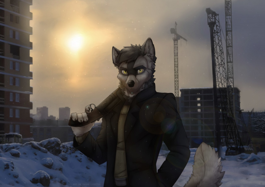 anthro black_body black_fur canid canine canis clothed clothing detailed_background fluffy fluffy_tail fur grey_body grey_fur grey_hair gun hair holding_object holding_weapon male mammal multicolored_body multicolored_fur necktie ranged_weapon shotgun solo tashalisets two_tone_body two_tone_fur weapon wolf yellow_eyes