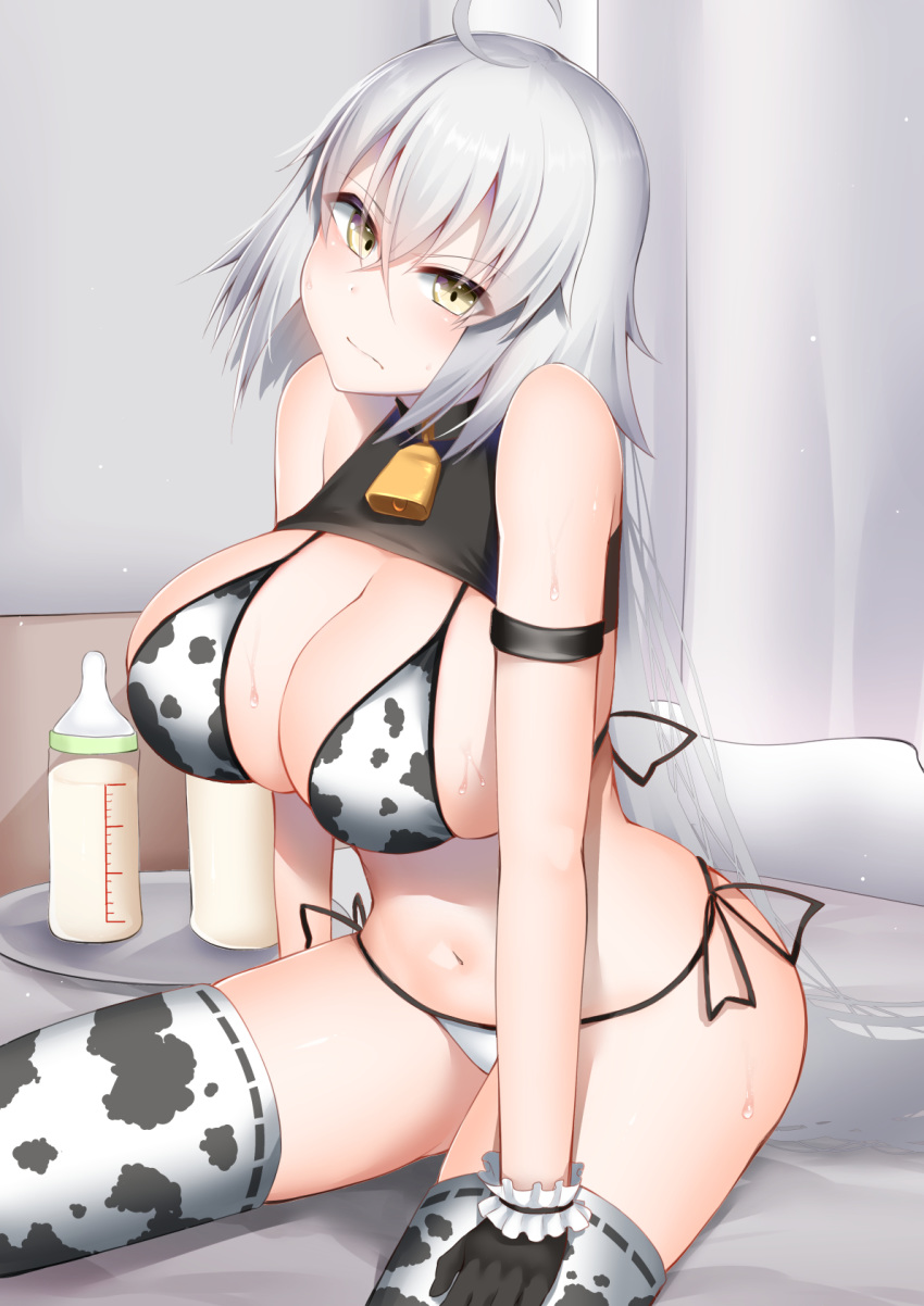 1girl ahoge animal_print bangs bare_shoulders bell bell_collar bikini black_gloves blush bottle breasts cleavage closed_mouth collar cow_bell cow_print fate/grand_order fate_(series) gloves highres jeanne_d'arc_(alter)_(fate) jeanne_d'arc_(fate)_(all) kitajima_yuuki large_breasts looking_at_viewer milk_bottle navel short_hair silver_hair sitting swimsuit thighhighs thighs tray white_bikini white_legwear yellow_eyes