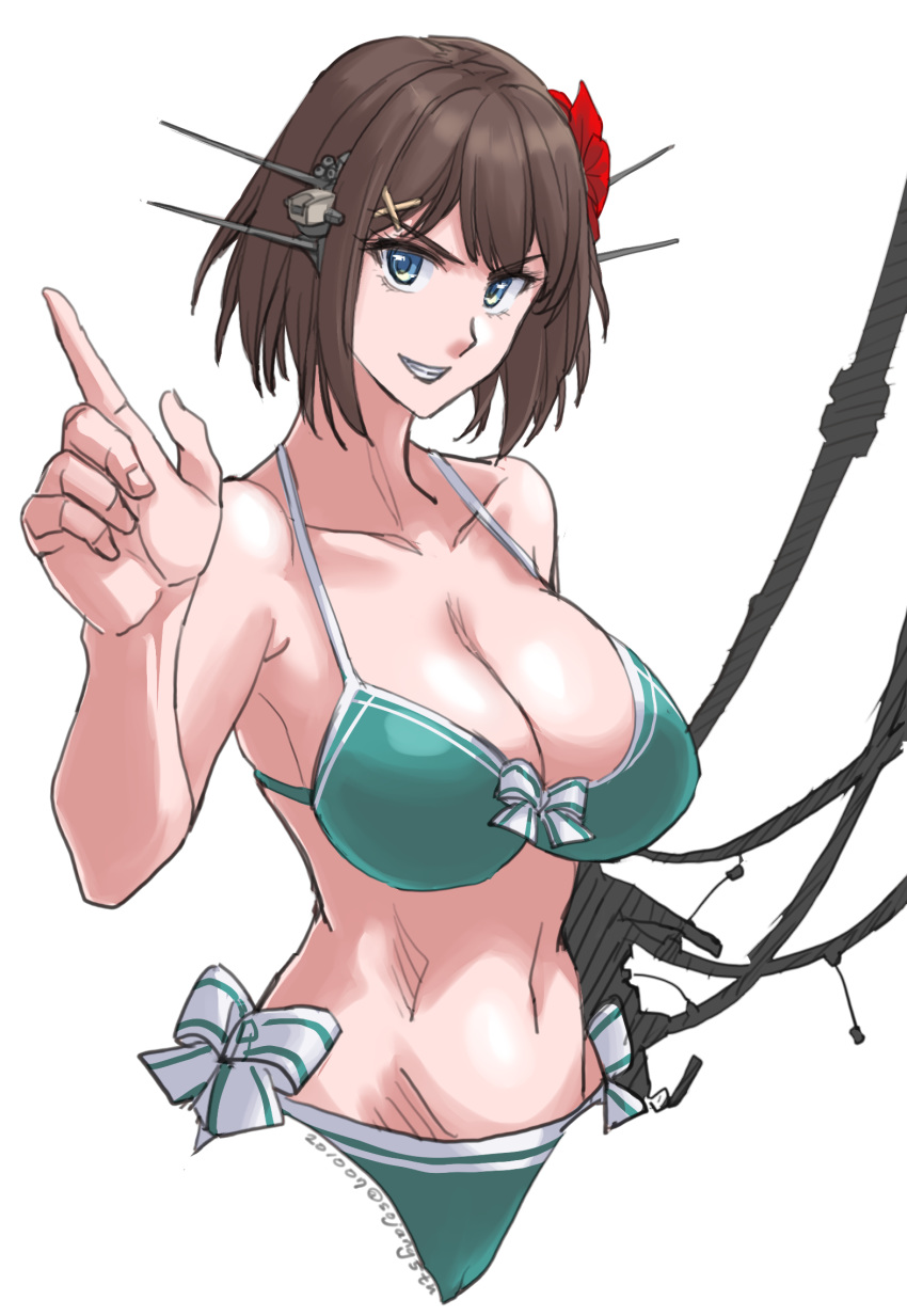 1girl bikini blue_eyes breasts brown_hair cleavage collarbone commentary_request cowboy_shot green_bikini hair_ornament highres index_finger_raised kantai_collection large_breasts looking_at_viewer maya_(kantai_collection) short_hair simple_background solo sozan swimsuit white_background x_hair_ornament