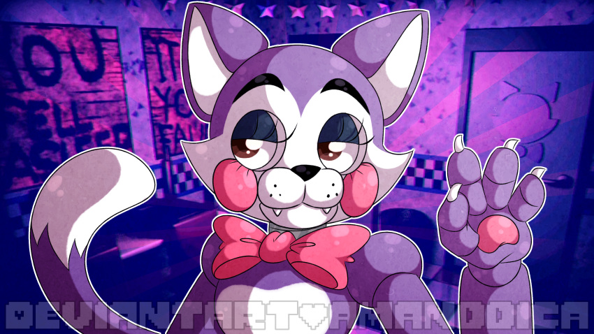 2020 4_fingers amanddica animatronic anthro brown_eyes cindy_(fnac) claws domestic_cat eyebrows eyelashes fangs felid feline felis female fingers five_nights_at_candy's grey_body half-closed_eyes hi_res machine mammal narrowed_eyes pawpads pink_cheeks purple_body ribbons robot signature solo video_games white_body white_inner_ear