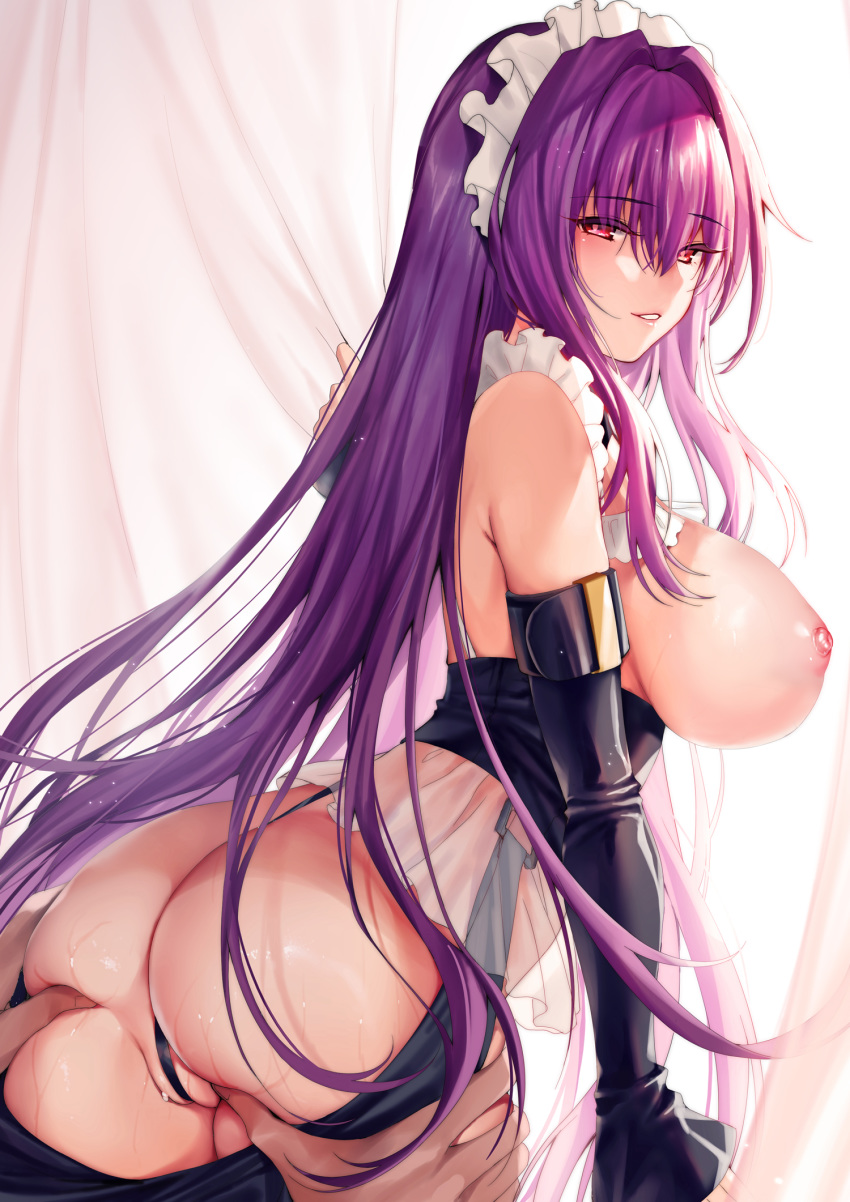 ass ass_grab breasts fate/grand_order maid nipples no_bra scathach_(fate/grand_order) see_through wet xin