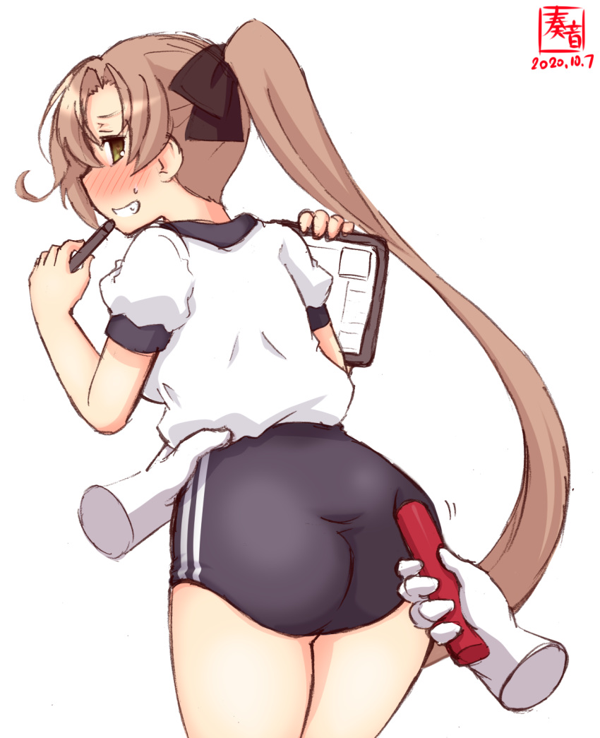 1girl 1other akigumo_(kantai_collection) alternate_costume artist_logo ass baton black_buruma brown_hair buruma commentary_request cowboy_shot dated disembodied_limb drawing_tablet from_behind green_eyes grin gym_uniform hair_ribbon highres kanon_(kurogane_knights) kantai_collection leaning_forward long_hair looking_back poking ponytail ribbon shirt sideways_glance simple_background smile stylus t-shirt white_background white_shirt