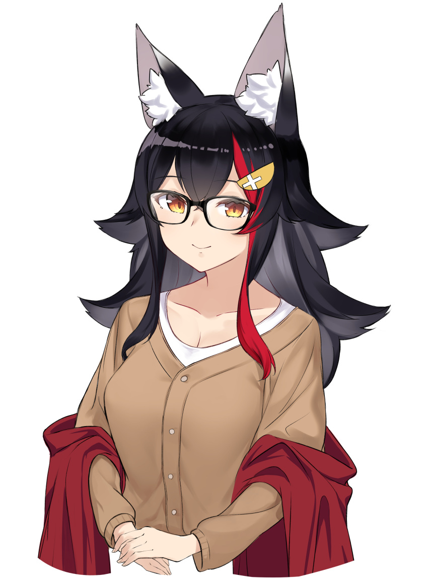 1girl absurdres alternate_costume animal_ear_fluff animal_ears bespectacled black-framed_eyewear black_hair breasts brown_sweater casual closed_mouth collarbone commentary eyebrows_visible_through_hair glasses hair_between_eyes hair_flaps hair_ornament hands_together highres hololive long_hair long_sleeves looking_at_viewer medium_breasts multicolored_hair off_shoulder ookami_mio orange_eyes red_hair shawl shirt simple_background smile solo streaked_hair sweater two-tone_hair upper_body virtual_youtuber white_background white_shirt wolf_ears yamabuki7979