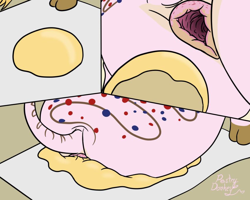 5:4 anus anus_markings brown_anus brown_hooves butt cake_(pastry_donkey) dough equid equine equine_anus feral flattened food fur fur_markings gaping gaping_anus hi_res hooves male mammal markings pastry_donkey pink_body pink_fur sitting sitting_on_food solo