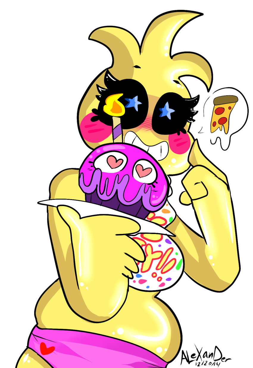 &lt;3 &lt;3_eyes 2014 anthro avian bib bird blonde_hair blush chicken clothing cupcake_(fnaf) eyelashes feathers female fingers five_nights_at_freddy's five_nights_at_freddy's_2 food galecsy galliform gallus_(genus) hair hi_res holding_object overweight overweight_anthro overweight_female panties phasianid pizza signature simple_background solo star_eyes toy_chica_(fnaf) underwear video_games white_background yellow_body yellow_feathers
