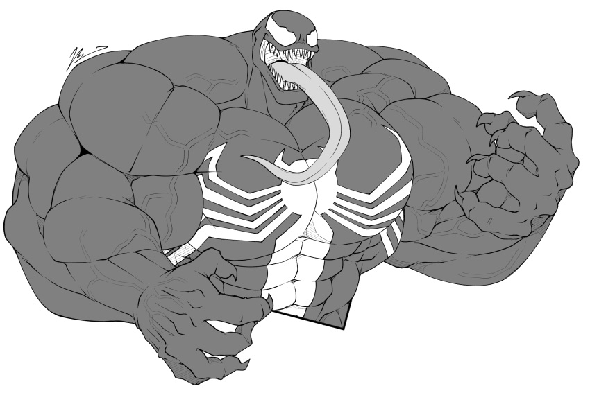 3:2 abs alien alien_humanoid biceps black_body claws flammars hi_res humanoid male marvel monochrome muscular muscular_humanoid muscular_male pecs solo spider-man_(series) teeth tongue tongue_out vein venom_(marvel) yongdasom