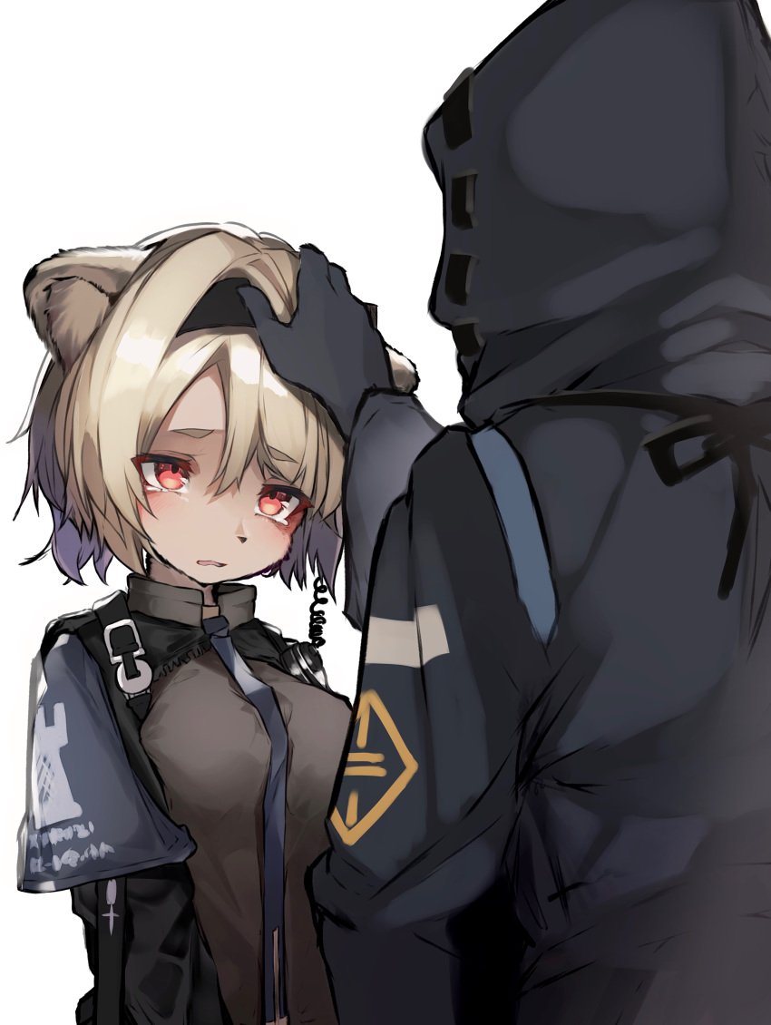 2020 absinthe_(arknights) absurd_res alternate_species ambiguous_gender anthro anthrofied arknights black_nose blush breasts clothed clothing doctor_(arknights) duo earpiece female fur gloves grey_body grey_fur grey_hair hair hand_on_head handwear head_pat hi_res inner_ear_fluff kemono mammal necktie open_mouth red_eyes short_hair simple_background tabhead tan_body tan_fur tan_hair tuft ursid white_background