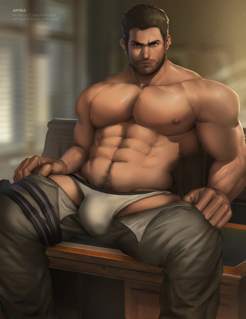 1boy abs absurdres appas bara bare_chest beard brown_hair bulge chest chris_redfield facial_hair feet_out_of_frame highres male_focus muscle navel navel_hair nipples open_pants pants realistic resident_evil resident_evil_5 see-through shirtless short_hair sitting solo thighs undressing white_briefs