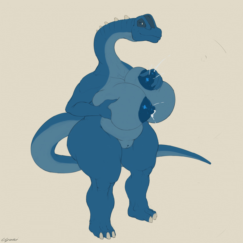 1:1 3_toes 4_fingers animated anthro areola big_areola big_breasts big_nipples blue_areola blue_body blue_eyes bodily_fluids brachiosaurid breast_grab breast_milking breast_squish breasts digital_media_(artwork) dinosaur female fingers hand_on_breast hi_res huge_areola huge_breasts lactating long_neck milk_dripping multicolored_body nipples non-mammal_breasts nude projectile_lactation puffy_nipples reptile sauropod scalie seductive short_playtime signature simple_background solo spikes spikes_(anatomy) squish standing tan_background thick_thighs toes two_tone_body two_tone_tail upai wide_hips