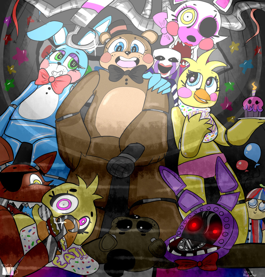 ambiguous_gender animatronic avian balloon balloon_boy_(fnaf) beak bib bird black_sclera blue_body brown_hair button_(fastener) canid canine cheek_tuft chicken clothing cupcake eye_patch eyelashes eyeshadow eyewear facial_tuft feathers female fingers five_nights_at_freddy's five_nights_at_freddy's_2 food fox freckles fur galecsy galliform gallus_(genus) glowing glowing_eyes grey_body group hair hat head_tuft headgear headwear hi_res holding_object hook humaniod lagomorph leporid lipstick machine makeup male mammal mangle_(fnaf) marionette_(fnaf) musical_note open_mouth panties phasianid pink_body pink_eyes pink_fur rabbit red_body red_cheeks red_eyes red_fur robot sharp_teeth teeth toy_bonnie_(fnaf) toy_chica_(fnaf) toy_freddy_(fnaf) tuft underwear ursid video_games white_body white_fur withered_bonnie_(fnaf) withered_chica_(fnaf) withered_foxy_(fnaf) withered_freddy_(fnaf) yellow_body yellow_feathers