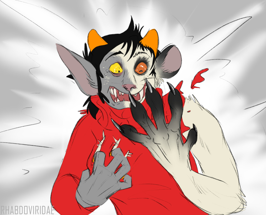 absurd_res alien claws clothing conditional_dnp forced forced_transformation fur grey_body grey_skin hi_res homestuck horn humanoid kankri_vantas male mammal ms_paint_adventures mustela mustelid musteline open_mouth orange_eyes solo stoat teeth torn_clothing transformation troll_(homestuck) webcomic white_body white_fur wolftacos yellow_eyes