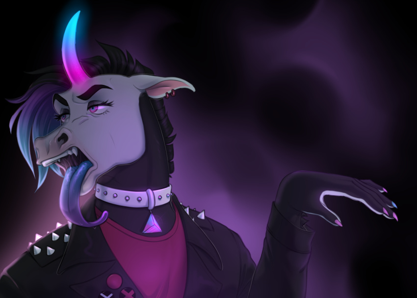 angry_platypus anthro arrogant canid canine clothed clothing collar commission_art ear_piercing ear_ring equid equine hair hi_res horn horse male mammal mouth_shot neon_lights piercing short_hair solo teeth tongue tongue_out unicorn