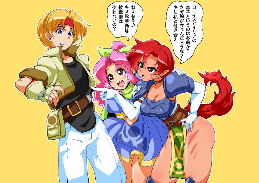 1boy :d blonde_hair blue_eyes breasts cape choker claude_kenni cleavage dress earrings elbow_gloves facial_mark gloves hair_ribbon headband highres jacket jewelry long_hair millie_chliette multiple_girls open_mouth pelvic_curtain phia_mell pink_eyes pink_hair pointy_ears ponytail red_hair ribbon ryoi short_hair simple_background smile star_ocean star_ocean_anamnesis star_ocean_first_departure star_ocean_the_second_story tail translation_request