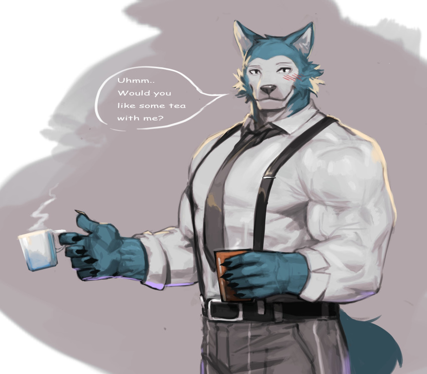 2020 5_fingers absurd_res anthro beastars belt big_muscles black_claws black_nose blush bottomwear canid canine canis claws clothing cup dress_shirt english_text fingers fur grey_body grey_fur half-length_portrait hi_res humanoid_hands legoshi_(beastars) looking_at_viewer male mammal muscular muscular_anthro muscular_male necktie pants portrait shirt simple_background solo speech_bubble standing suspenders text topwear traver009 wolf