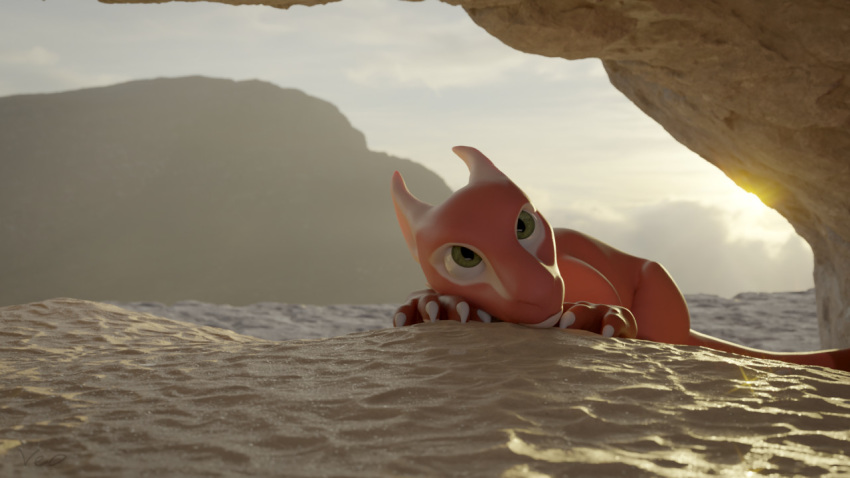 16:9 2020 3d_(artwork) beach claws digital_media_(artwork) dragon feral green_eyes looking_up lying male on_front on_ground outside red_body sand seaside solo sun veo white_claws widescreen