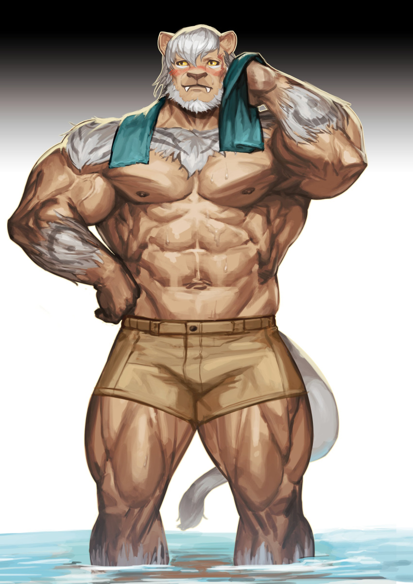 2020 5_fingers absurd_res anthro arm_hair big_muscles body_hair bottomwear brown_nipples brown_nose chest_hair clothed clothing facial_hair felid feline final_fantasy final_fantasy_xiv fingers full-length_portrait fur hair hi_res hrothgar humanoid_hands male mammal muscular muscular_anthro muscular_male nipples portrait shorts simple_background solo square_enix standing tan_body tan_fur topless towel traver009 video_games water wet white_hair yellow_sclera