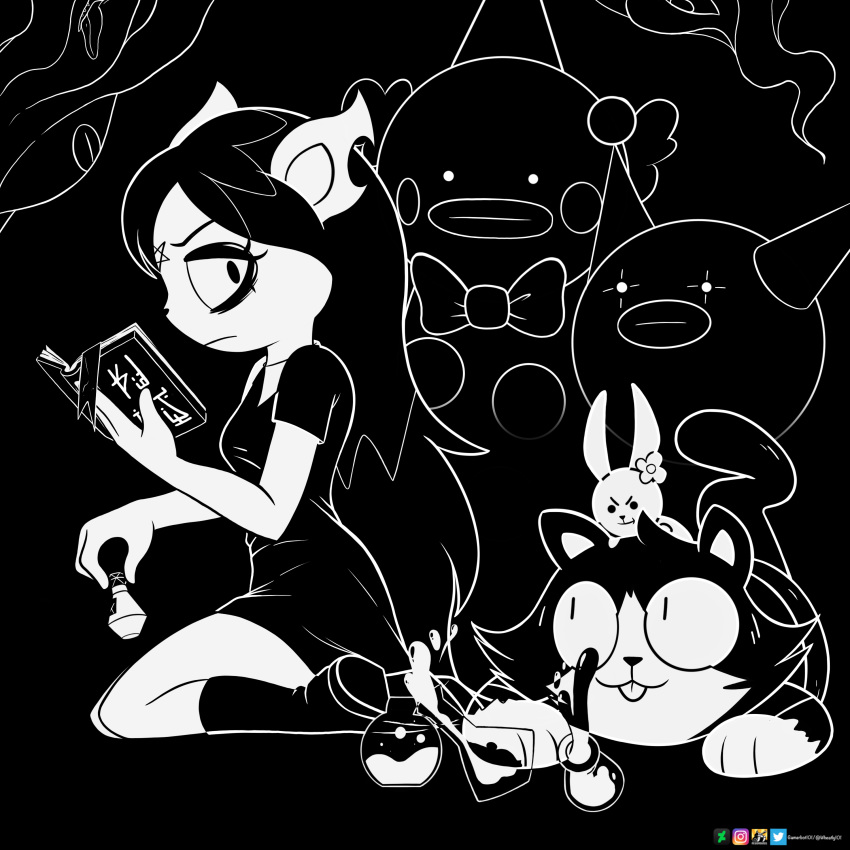 1:1 2019 absurd_res anthro barryfactory black_and_white cartoon_hangover claire_(the_summoning) clothing clown domestic_cat dress duo edgar_(the_summoning) felid feline felis female fluff_top hi_res kneeling lagomorph leporid male mammal monochrome potion rabbit reading the_summoning wood_elf