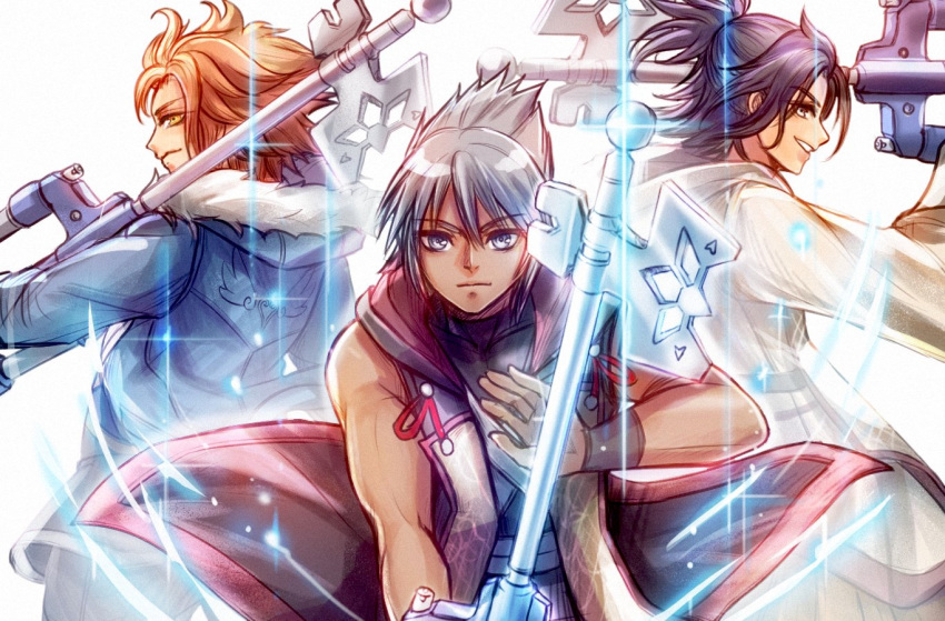 3boys bare_arms black_hair bragi_(kingdom_hearts) coat commentary dark_skin eraqus fur_trim hood hooded_jacket jacket keyblade kingdom_hearts kingdom_hearts_dark_road looking_at_viewer male_focus multiple_boys orange_hair parted_lips pun-rii silver_eyes silver_hair simple_background smile spiked_hair white_background wide_sleeves xehanort yellow_eyes younger