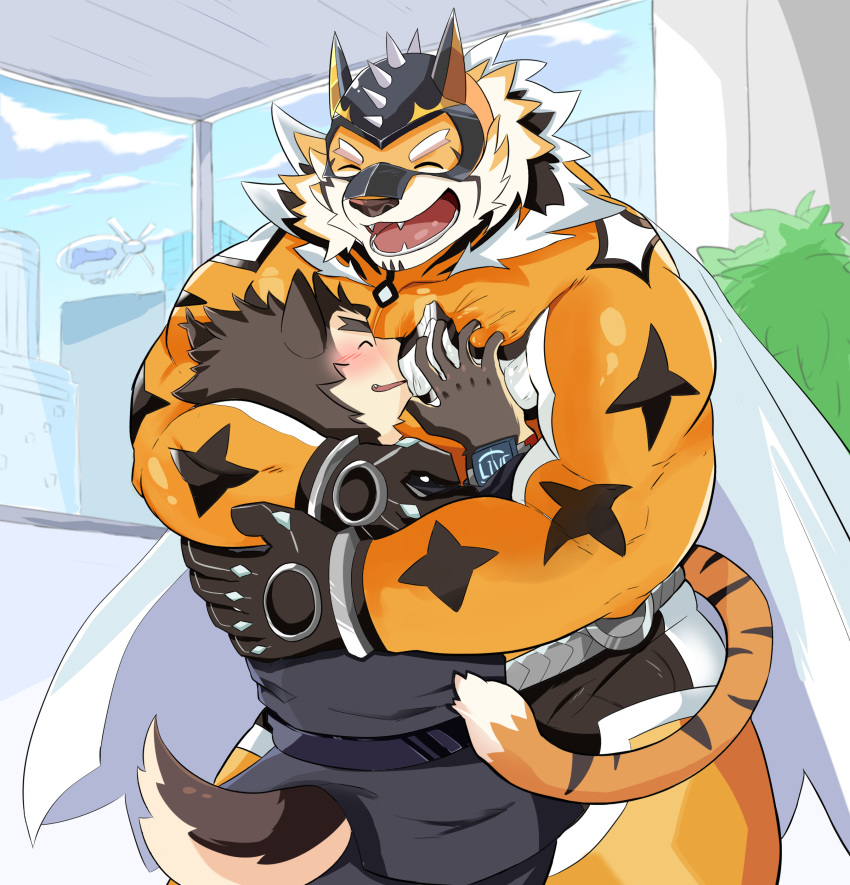 absurd_res anthro blush canid canine canis cape clothing dog_operator domestic_dog duo felid hi_res hug kuroamekemo live-a-hero male male/male mammal mask muscular muscular_male pantherine pec_grasp pecs protagonist_(live-a-hero) raiki size_difference superhero tiger