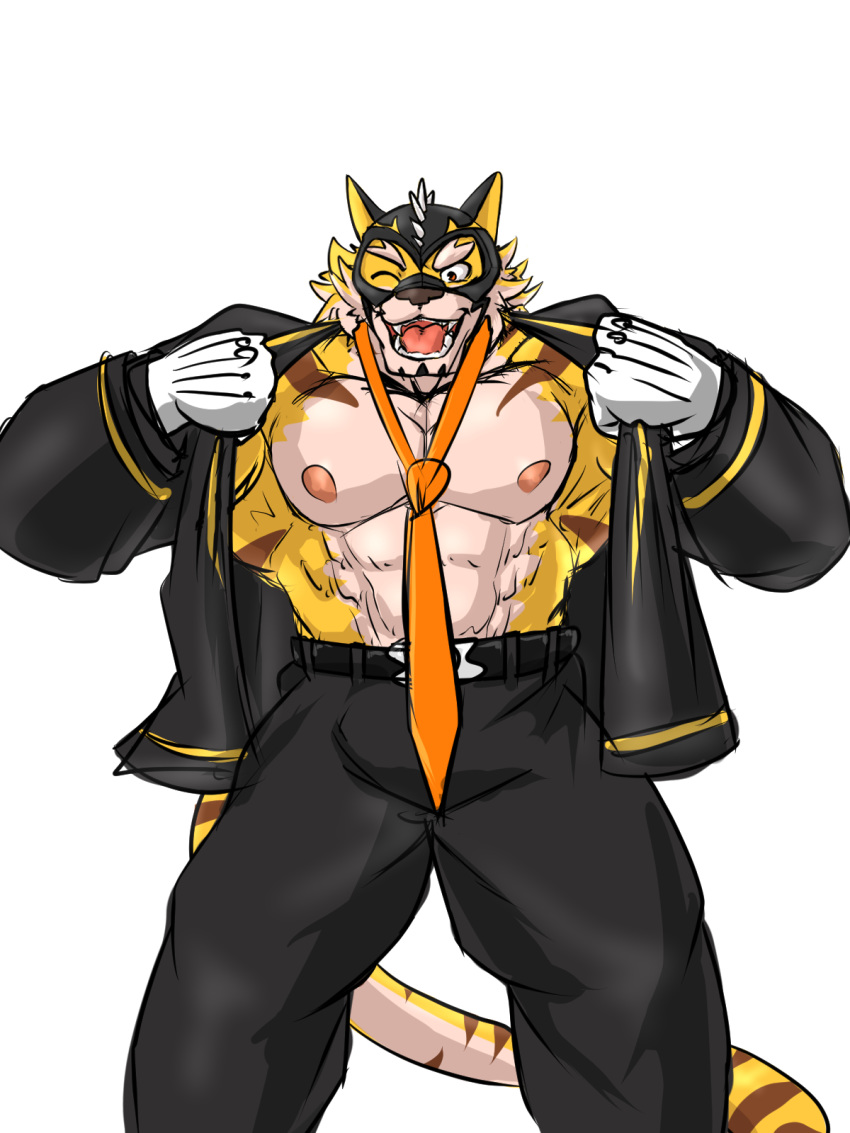 3:4 abs anthro clothing eyebrows felid flashing hi_res kaltet0818 live-a-hero male mammal mask muscular muscular_anthro muscular_male necktie nipples one_eye_closed pantherine pecs raiki solo suit superhero thick_eyebrows tiger wink