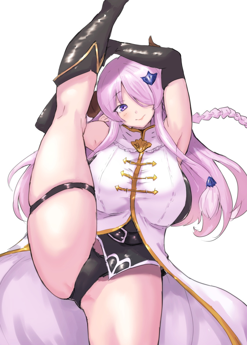 1girl armpits asymmetrical_footwear bangs bare_shoulders belt black_panties blue_eyes blush boots braid breasts closed_mouth draph elbow_gloves eyebrows_visible_through_hair fingerless_gloves gloves granblue_fantasy hair_ornament hair_over_one_eye highres horns kageo-super-dry large_breasts lips long_hair looking_at_viewer narmaya_(granblue_fantasy) panties partially_visible_vulva pink_hair pointy_ears simple_background single_thigh_boot sitting sleeveless smile solo split spread_legs standing standing_on_one_leg standing_split thick_thighs thigh_boots thigh_strap thighhighs thighs tied_hair underwear white_background