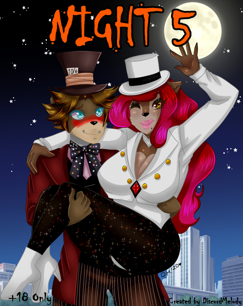 absurd_res animatronic anthro boots chipmunk clothing comic costume cover cover_page cynthia_ivory discordmelody duo female five_nights_at_freddy's footwear freddy_(fnaf) ground_squirrel halloween hat headgear headwear hi_res holidays legwear machine mad_hatter magician male male/female mammal robot rodent sciurid series suit tights top_hat ursid video_games