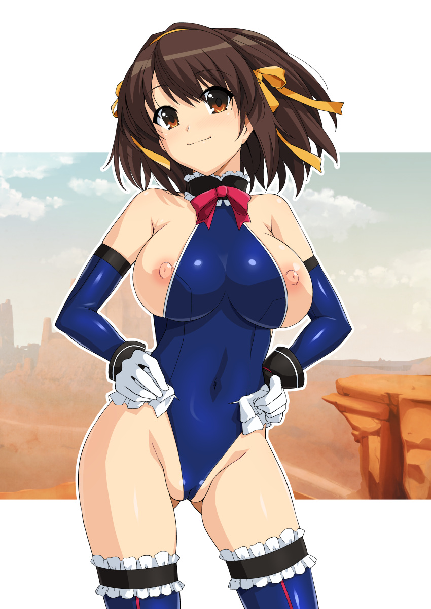 1girl absurdres areolae ass_visible_through_thighs bangs bare_shoulders blue_theme blush bow breasts brown_eyes brown_hair cameltoe closed_mouth cosplay covered_navel day dead_or_alive dead_or_alive_5 elbow_gloves eyebrows_visible_through_hair frills gloves hairband halterneck hands_on_hips haruhisky highleg highleg_leotard highres large_breasts leotard looking_at_viewer marie_rose marie_rose_(cosplay) medium_hair nipples outdoors shiny shiny_clothes simple_background sleeveless smile solo standing suzumiya_haruhi suzumiya_haruhi_no_yuuutsu