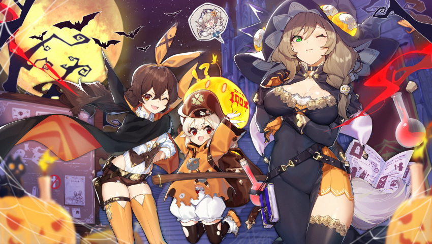 4girls ;) amber_(genshin_impact) arms_up artist_request barbara_(genshin_impact) bat bomb breasts brown_eyes candle cat cleavage fire genshin_impact green_eyes halloween highres jumping klee_(genshin_impact) large_breasts lisa_(genshin_impact) looking_at_viewer miniskirt moon multiple_girls one_eye_closed potion pumpkin red_eyes silk skirt smile spider_web thighhighs thighs tree vial