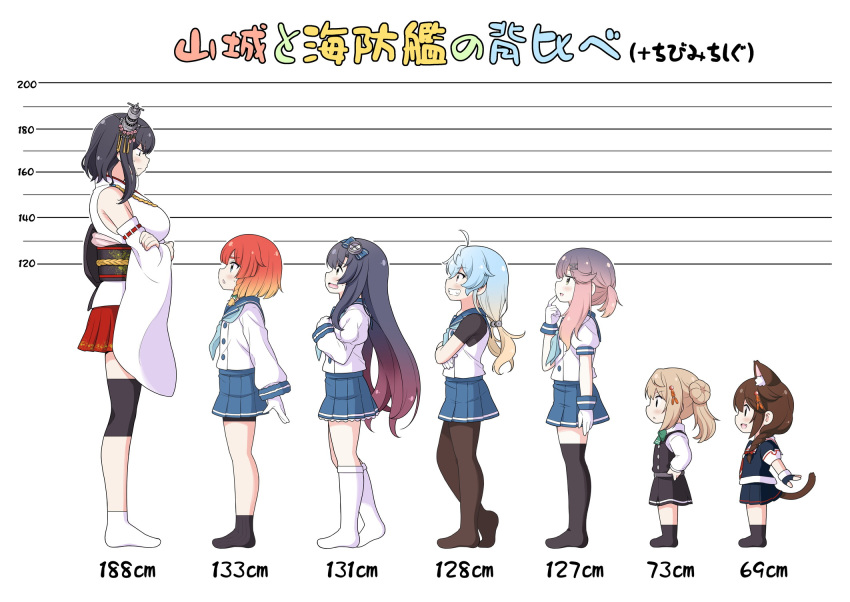 6+girls ahoge alternate_height animal_ears bangs black_hair black_legwear black_skirt blonde_hair blue_hair blue_skirt braid breasts brown_hair cat_ears cat_tail chibi crossed_arms detached_sleeves double_bun etorofu_(kantai_collection) flat_chest from_side gradient_hair grin hair_ornament hairband headgear height_chart height_difference highres japanese_clothes kantai_collection large_breasts light_brown_hair long_hair long_sleeves matsuwa_(kantai_collection) michishio_(kantai_collection) miko multicolored_hair multiple_girls obi open_mouth pantyhose profile purple_hair red_hair remodel_(kantai_collection) sado_(kantai_collection) sailor_collar sash school_uniform serafuku shigure_(kantai_collection) short_sleeves sidelocks simple_background single_braid skirt smile socks sweat tail tenshin_amaguri_(inobeeto) thighhighs translation_request tsushima_(kantai_collection) white_background white_legwear yamashiro_(kantai_collection)