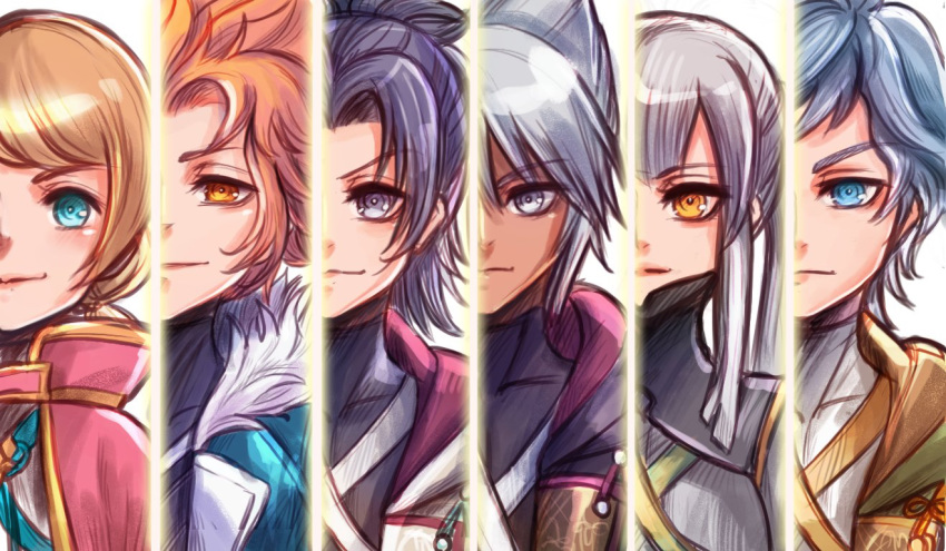 2girls 4boys black_hair blonde_hair blue_eyes blue_hair bragi_(kingdom_hearts) coat commentary dark_skin eraqus everyone fur_trim grey_eyes hermod_(kingdom_hearts) high_collar hood jacket kingdom_hearts kingdom_hearts_dark_road long_hair looking_at_viewer multiple_boys multiple_girls orange_eyes orange_hair short_hair silver_hair tagme urd_(kingdom_hearts) vor_(kingdom_hearts) white_hair xehanort yellow_eyes younger