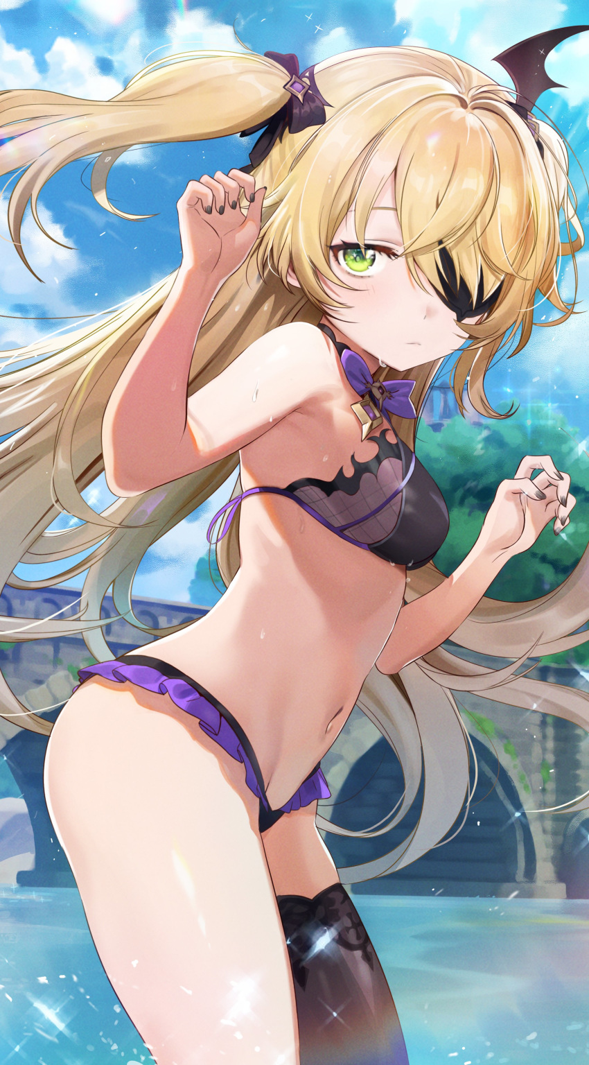 1girl absurdres adapted_costume armpits bangs bare_arms bare_shoulders bikini black_legwear blonde_hair blush breasts day eyepatch fischl_(genshin_impact) frilled_bikini frills genshin_impact green_eyes hair_ornament hair_over_one_eye hair_ribbon halterneck hands_up highres long_hair looking_at_viewer navel outdoors ribbon seicoh single_thighhigh small_breasts solo standing stomach swimsuit thighhighs thighs two_side_up wet