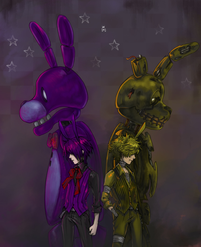 2015 absurd_res animal_humanoid animatronic anthro bonnie_(fnaf) button_(fastener) clothing duo five_nights_at_freddy's five_nights_at_freddy's_3 green_hair hair hi_res humanoid lagomorph lagomorph_humanoid larger_male leporid leporid_humanoid machine male mammal mammal_humanoid notched_ear purple_hair rabbit rabbit_humanoid ribbons robot scar sirmei size_difference smaller_male springtrap_(fnaf) teeth video_games white_eyes