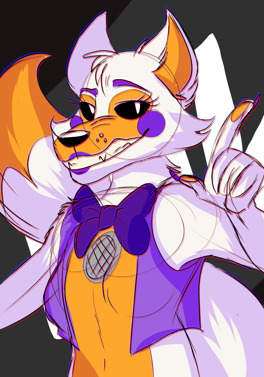 2020 5_fingers animatronic black_sclera bow breasts canid canine claws clothing colored_sketch ebony-hybrid249 eyebrows female fingers five_nights_at_freddy's five_nights_at_freddy's_world fox fur hi_res lipstick lolbit_(fnaf) machine makeup mammal orange_body orange_fur orange_inner_ear orange_pawpads pawpads purple_cheeks purple_claws robot sister_location solo speaker video_games white_body white_eyes white_fur