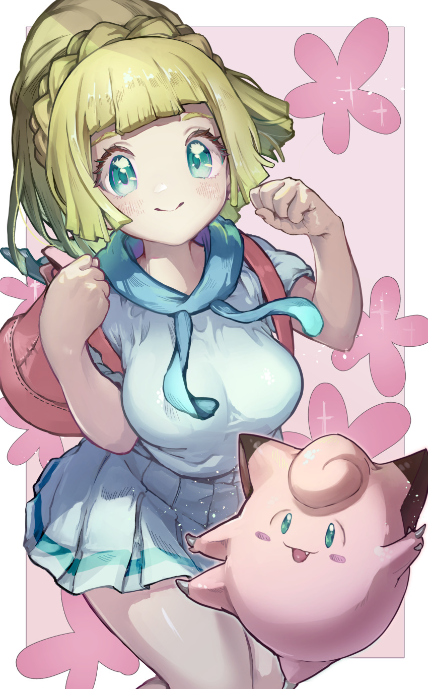 1girl absurdres backpack bag bangs blonde_hair blunt_bangs blush braid breasts clefairy clenched_hands closed_mouth commentary_request eyelashes gen_1_pokemon green_eyes hands_up highres lillie_(pokemon) long_hair looking_at_viewer pink_backpack pleated_skirt pokemon pokemon_(creature) pokemon_(game) pokemon_sm shiny shiny_skin short_sleeves skirt smile tamukoro