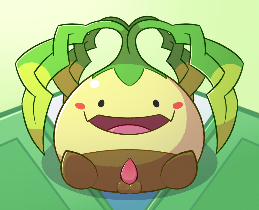 balls blush elemental_creature flora_fauna genitals hi_res male neitsuke nexomon onin_(nexomon) plant presenting sitting smile solo spread_legs spreading video_games waddling_head