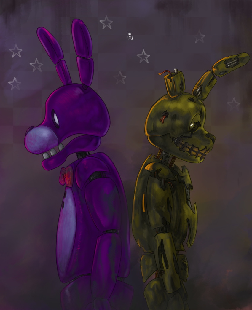 2015 absurd_res animatronic black_nose bonnie_(fnaf) bow button_(fastener) duo five_nights_at_freddy's five_nights_at_freddy's_3 glowing glowing_eyes green_body hi_res lagomorph leporid long_ears looking_at_another machine male mammal notched_ear open_mouth purple_body rabbit robot sirmei springtrap_(fnaf) standing teeth video_games white_eyes