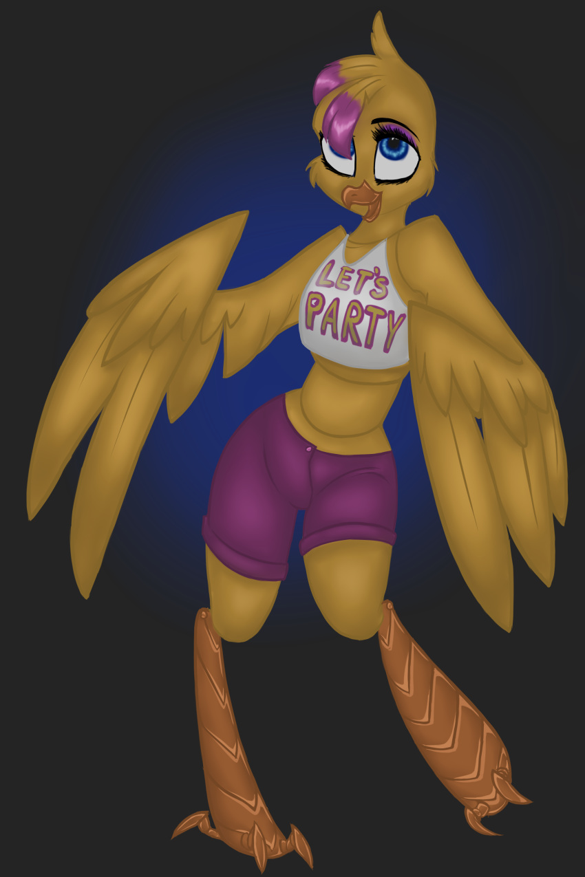 2015 2:3 2_toes absurd_res animatronic anthro avian beak bird blonde_hair blue_eyes bottomwear chicken clothing eyelashes feathered_wings feathers female five_nights_at_freddy's five_nights_at_freddy's_2 galliform gallus_(genus) hair hi_res highlights_(coloring) looking_up machine orange_body phasianid pink_hair robot shirt shorts solo standing the-purple-gremlin toes topwear toy_chica_(fnaf) video_games wings yellow_body yellow_feathers