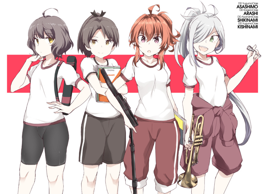 4girls ahoge arashi_(kantai_collection) asashimo_(kantai_collection) ayanami_(kantai_collection) bangs bike_shorts black_shorts blunt_bangs book brown_eyes brown_hair character_name commentary_request cowboy_shot flat_chest grey_eyes gym_uniform hair_over_one_eye instrument jumpsuit_around_waist kantai_collection kishinami_(kantai_collection) long_hair multiple_girls pants ponytail red_eyes red_hair red_jumpsuit red_pants sharp_teeth shirt short_hair shorts silver_hair souji t-shirt teeth track_pants trumpet two-tone_background wavy_hair white_background white_shirt