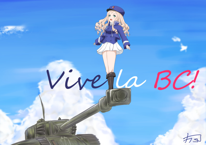 1girl absurdres arl-44 artist_request bc_freedom_(emblem) bc_freedom_military_uniform blonde_hair breasts caterpillar_tracks cloud commentary_request day drill_hair emblem french_text girls_und_panzer green_eyes ground_vehicle hat highres long_hair marie_(girls_und_panzer) military military_vehicle motor_vehicle open_mouth shirt signature skirt sky tank