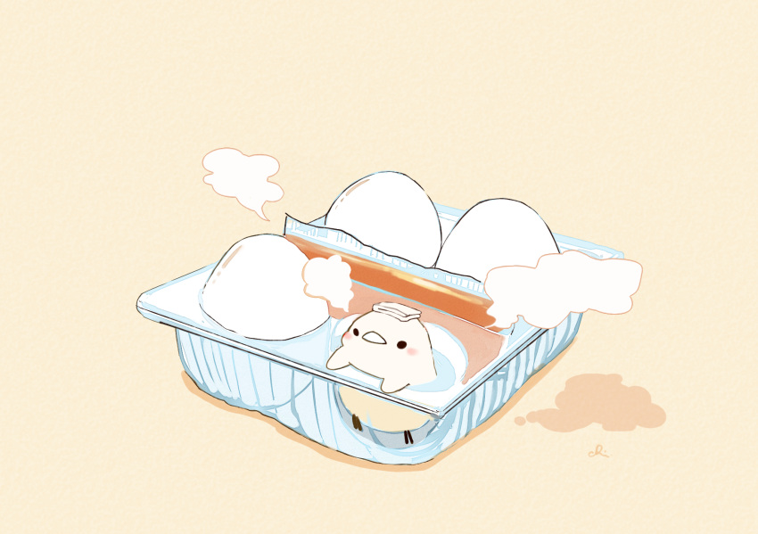 animal bird blush_stickers chai commentary_request container egg egg_carton highres no_humans original signature simple_background steam towel towel_on_head