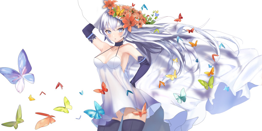 1girl absurdres arm_up armpits bare_shoulders blue_eyes blue_gloves blue_legwear blue_oath breasts bug butterfly choker collarbone cowboy_shot dress elbow_gloves floating_hair flower gloves halter_dress hand_on_hip hat hat_flower highres insect jervis_(blue_oath) kejirion long_dress long_hair looking_at_viewer panties parted_lips silver_hair simple_background sleeveless sleeveless_dress small_breasts solo spaghetti_strap standing sun_hat thighhighs underwear very_long_hair white_background white_dress white_headwear white_panties