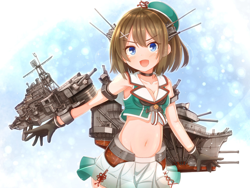 1girl beret black_gloves blue_eyes breasts brown_hair cleavage commentary_request crop_top gloves green_headwear hair_ornament hairclip hat hat_ribbon headgear highres kantai_collection looking_at_viewer machinery maya_(kantai_collection) medium_breasts midriff mini_hat pleated_skirt red_ribbon remodel_(kantai_collection) ribbon short_hair skirt sleeveless smile solo suzushiro_(gripen39) white_skirt x_hair_ornament
