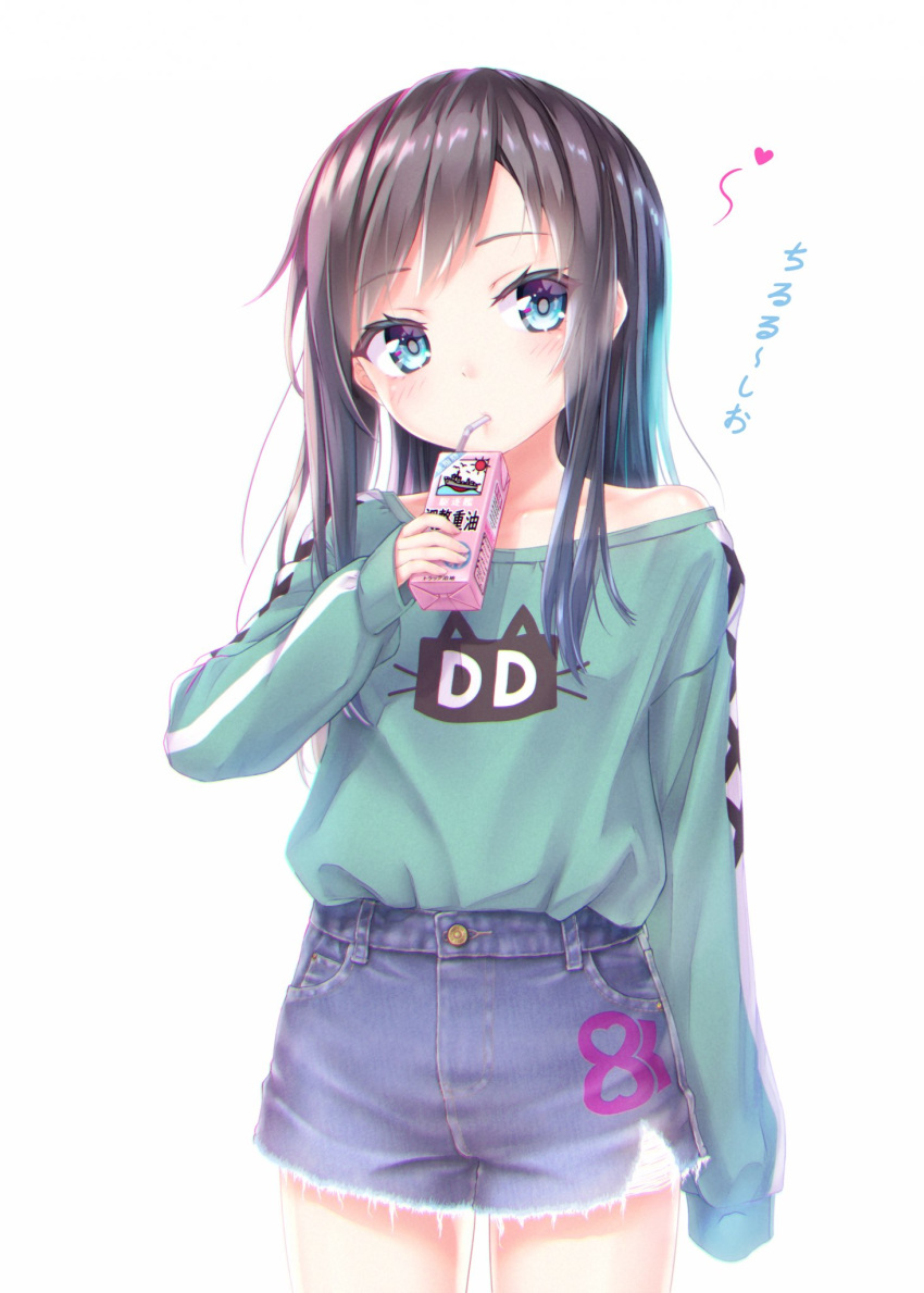 1girl alternate_costume asashio_(kantai_collection) black_hair blue_eyes cowboy_shot denim denim_shorts drinking gotou_hisashi heart highres juice_box kantai_collection long_hair oversized_clothes oversized_shirt shirt shorts simple_background sleeves_past_fingers sleeves_past_wrists solo sweater thighs white_background